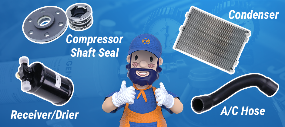 An illustration of the most common A/C system parts that fail and require replacement on off-road machinery: the A/C hose, condenser, compressor shaft seal, and receiver/drier.