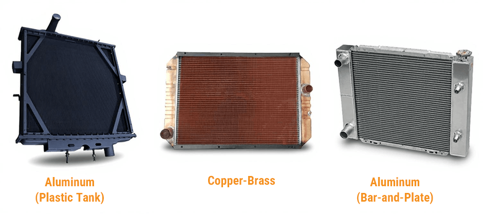 Comparison of three common off-road machinery radiator types: Aluminum with a plastic tank, traditional Copper-Brass, and heavy-duty all-aluminum Bar-and-Plate.
