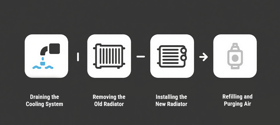 A four-step infographic showing the main stages of a DIY radiator replacement: draining the system, removing the old unit, installing the new one, and refilling with coolant.