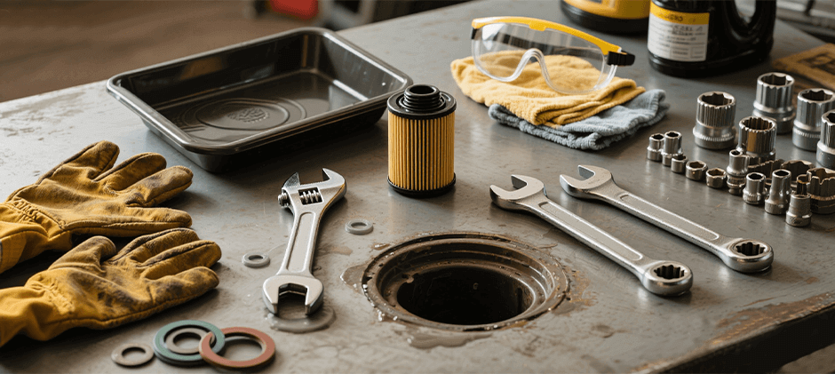 Tools for an engine oil change, including an oil filter, wrenches, and safety gear, laid out on a workbench.