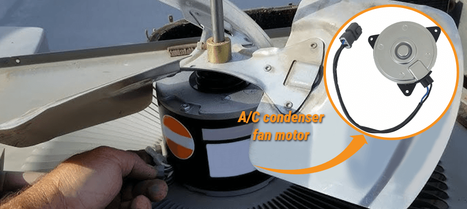 A normal person's hand working on an A/C condenser fan, with an inset image showing a new replacement A/C condenser fan motor.
