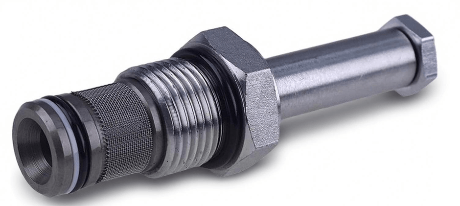 A 2-way hydraulic solenoid cartridge valve, designed for on/off flow control in heavy machinery like tractors and excavators.