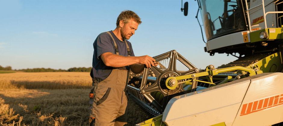 A farmer performing essential pre-harvest maintenance by inspecting the sickle sections and guards on a combine harvester header.