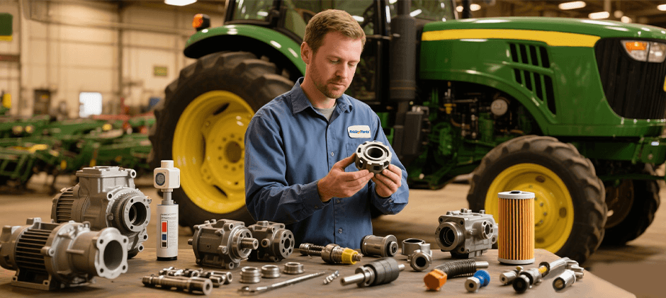A FridayParts expert inspects a quality replacement part for a John Deere tractor, with a wide selection of aftermarket components like hydraulic pumps and filters on a workbench.