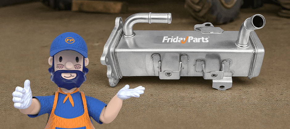 The FridayParts mascot presenting a new, high-quality aftermarket EGR cooler for heavy machinery.