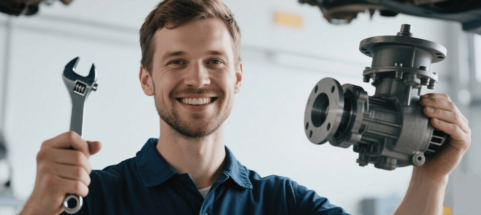 A-person-is-holding-a-wrench-in-one-hand-and-an-engine-water-pump-in-the-other