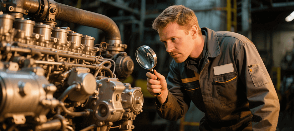 A-person-is-using-a-magnifying-glass-to-examine-the-Caterpillar-C15-engine.