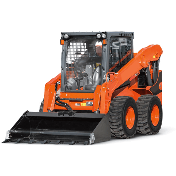 Kubota SSV75 Wheeled Skid Steer Loader A studio shot of an orange Kubota SSV75 wheeled skid steer, highlighting its tires and agile frame.