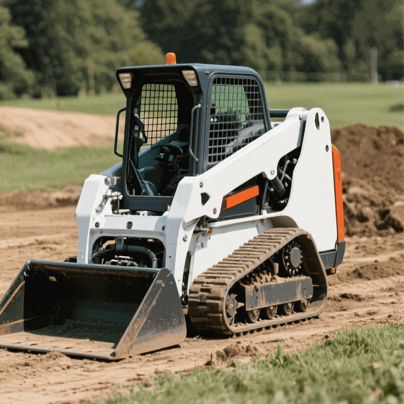 Compact Track Loader: Ideal for Landscaping and Soft Terrain A white compact track loader operating on a dirt and grass job site, demonstrating its use on soft, uneven terrain.