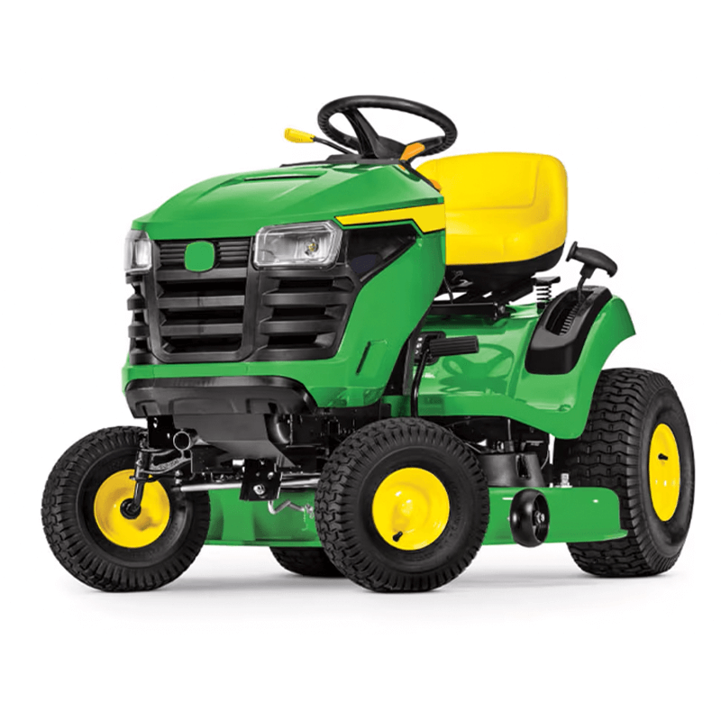 John Deere 100 Series Lawn Tractor A front-quarter view of a John Deere 100 Series lawn tractor on a white background, representing the entry-level models.