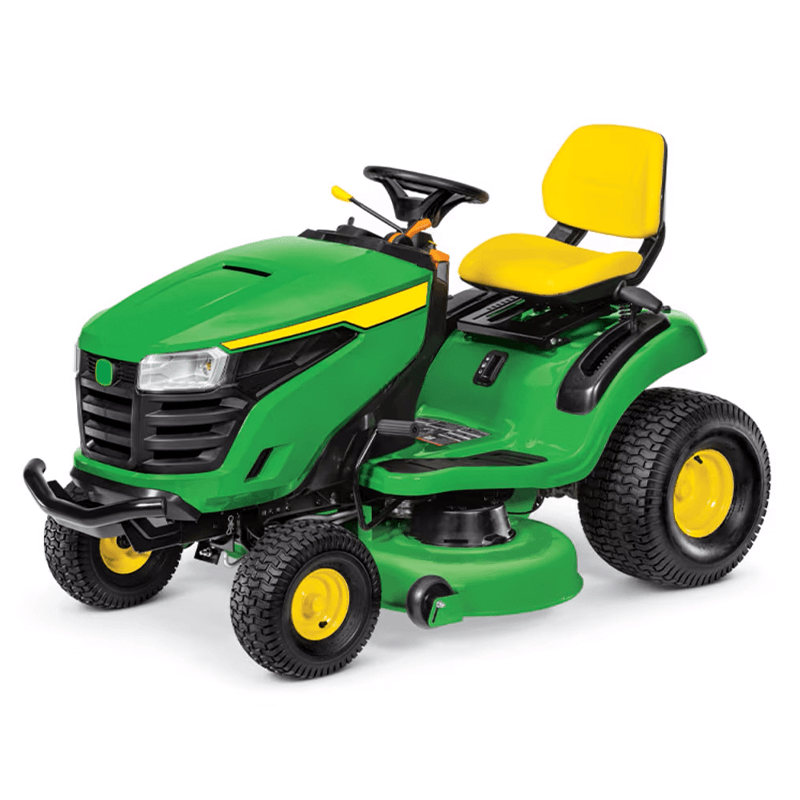 John Deere 200 Series Lawn Tractor A side view of a John Deere S240 lawn tractor from the 200 Series, featuring a front bumper and the Accel Deep mower deck.