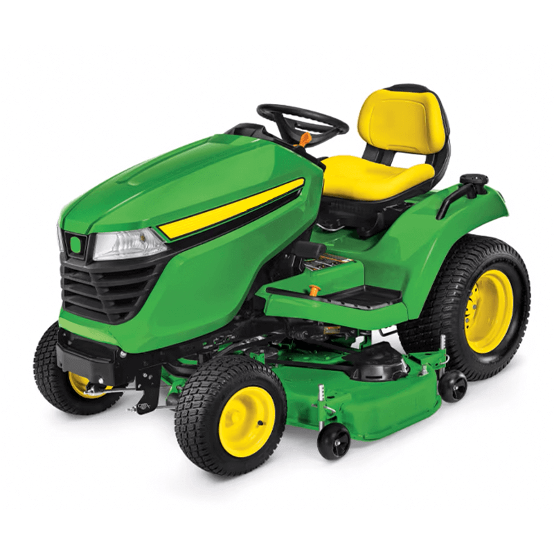 John Deere X500 Series Garden Tractor A heavy-duty John Deere X500 Select Series garden tractor, showing its robust frame and wide mower deck suitable for tough terrain.