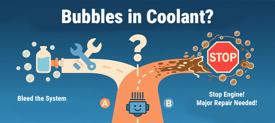 An infographic showing a fork in the road to diagnose bubbles in coolant. Path A shows simple air bubbles leading to a minor fix ("Bleed the System"), while Path B shows dirty, gassy bubbles leading to a major problem ("Stop Engine! Major Repair Needed!").