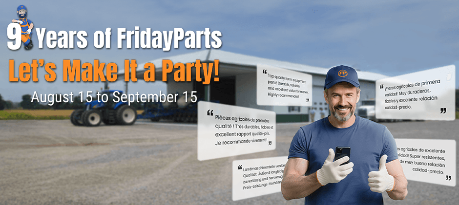 A promotional banner for the FridayParts 9th Anniversary Giveaway. A smiling mechanic gives a thumbs-up, with text reading "Let's Make It a Party!" and event dates "August 15 to September 15." Customer reviews in several languages are shown in the background.
