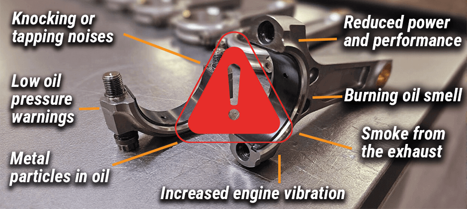 A broken connecting rod surrounded by the common warning signs of engine failure, such as knocking noises, low oil pressure, and metal particles in oil.