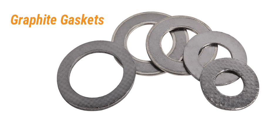A collection of round, metallic-gray graphite gaskets in various sizes on a white background.