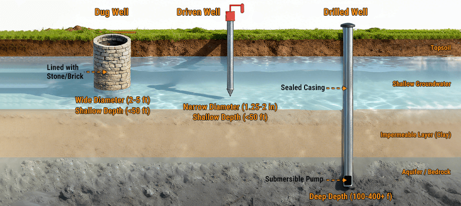 Diagram comparing three types of water wells: a wide, shallow dug well; a narrow, shallow driven well; and a deep drilled well with a sealed casing.