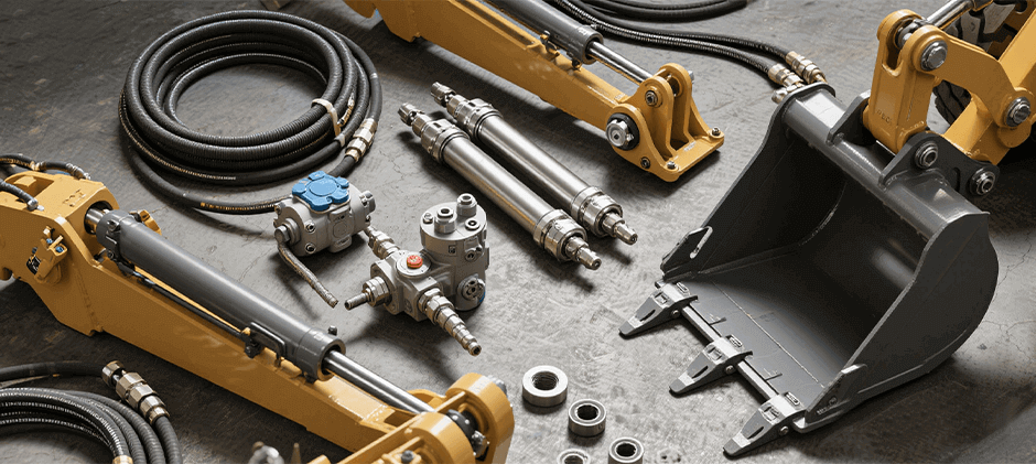 An array of replacement parts for a Kubota front end loader, including hydraulic cylinders, hoses, loader arms, and a bucket, laid out for maintenance.