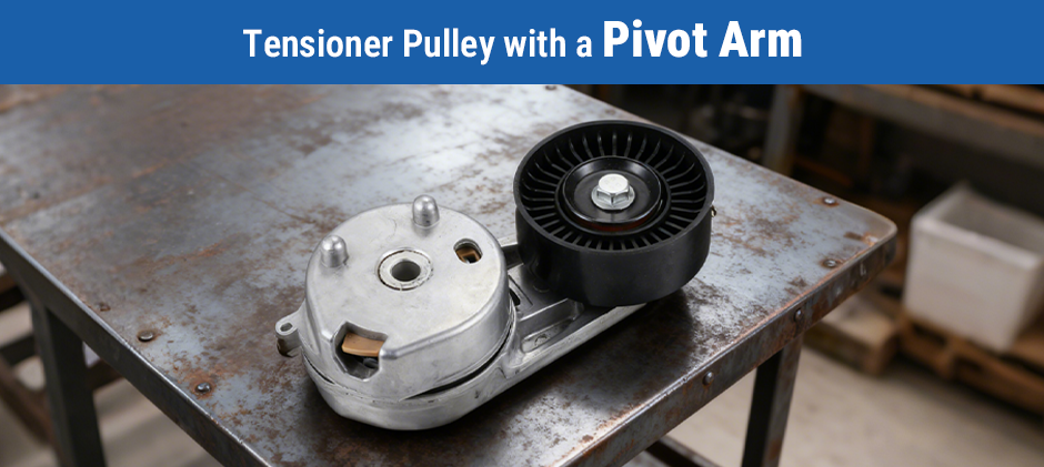 A complete tensioner pulley assembly, including the pivot arm and spring mechanism, sitting on a metal workbench.