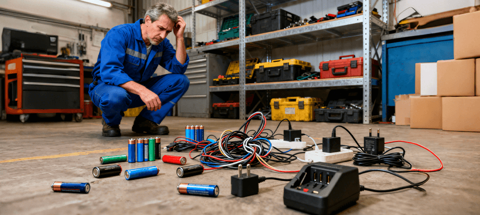 Mechanic on workshop floor surrounded by different batteries and chargers, looking confused.