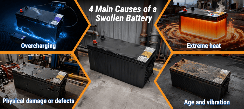 An infographic illustrating the 4 main causes of a swollen heavy equipment battery: overcharging, extreme heat, physical damage or defects, and age and vibration.