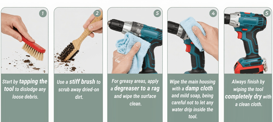A 5-step visual guide showing how to clean a power drill using a brush, degreaser, and cloths to remove dirt and grease.