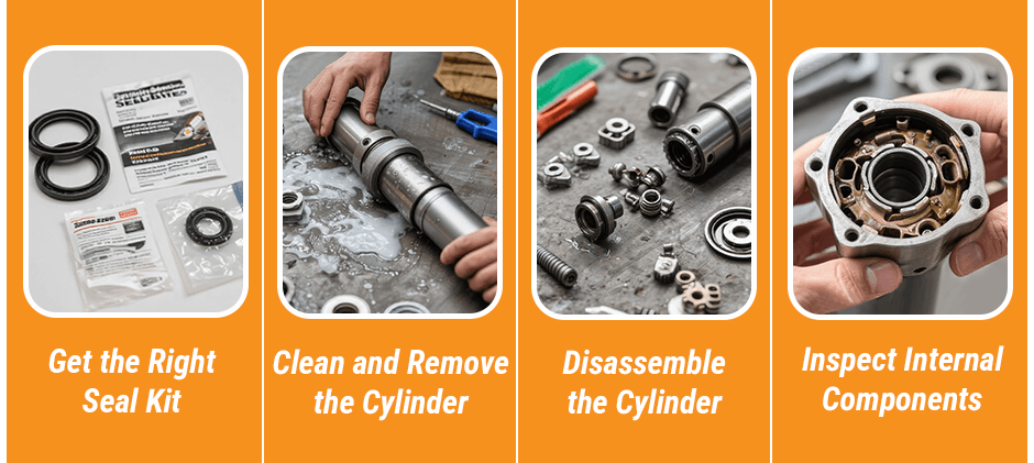 A collage showing the first four steps to rebuild a hydraulic cylinder: getting the right seal kit, cleaning and removing the cylinder, disassembling it, and inspecting the internal components.