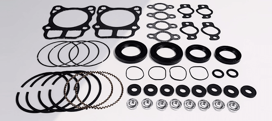 A complete gasket and seal kit laid out on a white background, showing the variety of components like O-rings, profile seals, and gaskets included in a rebuild kit.