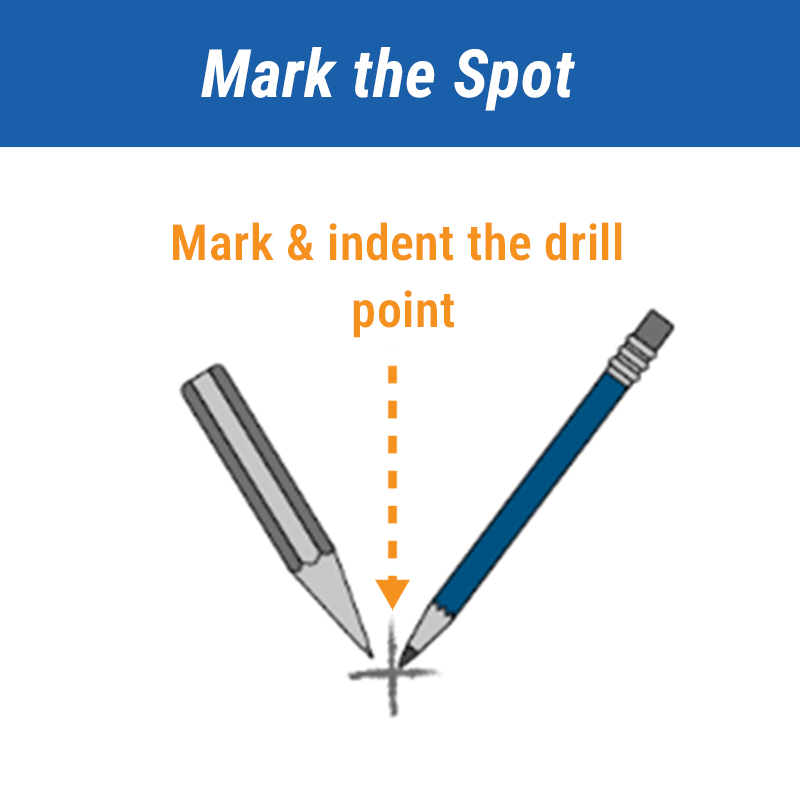 Step 2: Mark the Drill Point A simple drawing of a pencil marking an 'X' on a surface to create a precise starting point for drilling.