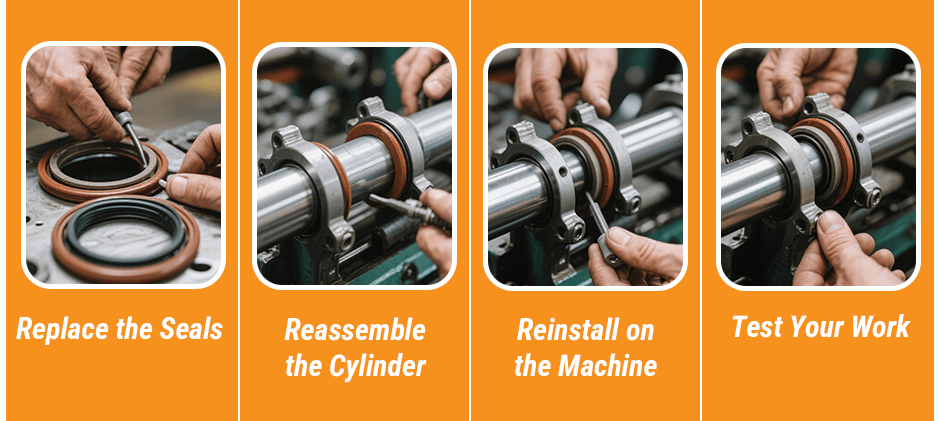 A collage showing the final four steps of a hydraulic cylinder rebuild: carefully replacing the old seals, reassembling the components, reinstalling the cylinder on the machine, and testing the work.