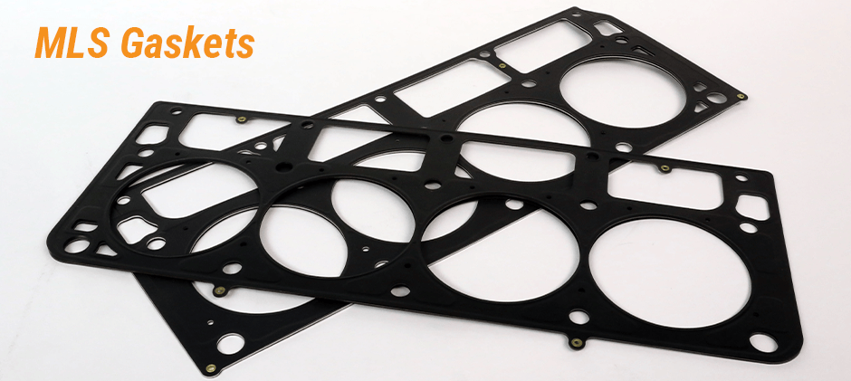 Two black Multi-Layered Steel (MLS) head gaskets designed for a modern multi-cylinder engine.