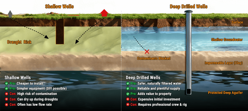 Comparison graphic showing the pros and cons of shallow wells versus deep drilled wells, highlighting risks of contamination and drought.