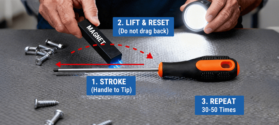 A diagram illustrating how to magnetize a screwdriver by repeatedly stroking it in one direction with a strong magnet.