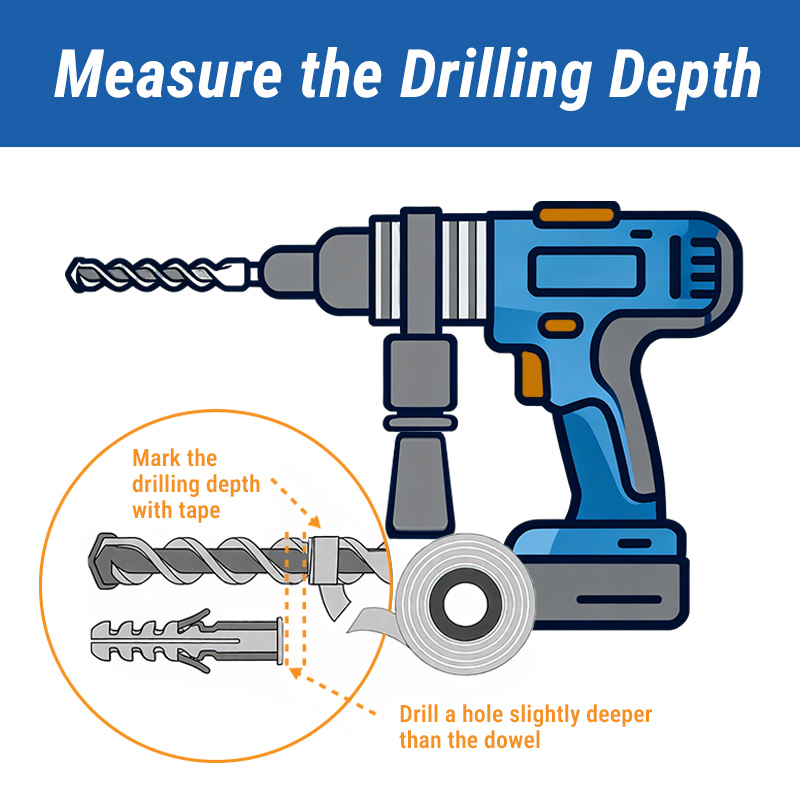 Step 3: Measure and Mark the Drilling Depth An illustration showing how to use tape on a masonry drill bit to mark the correct drilling depth based on the length of a wall anchor.