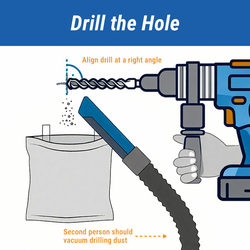 Step 5: Drill the Hole with Proper Technique Illustration of a hammer drill held at a right angle to a wall, with a vacuum collecting dust from the hole for a clean worksite.