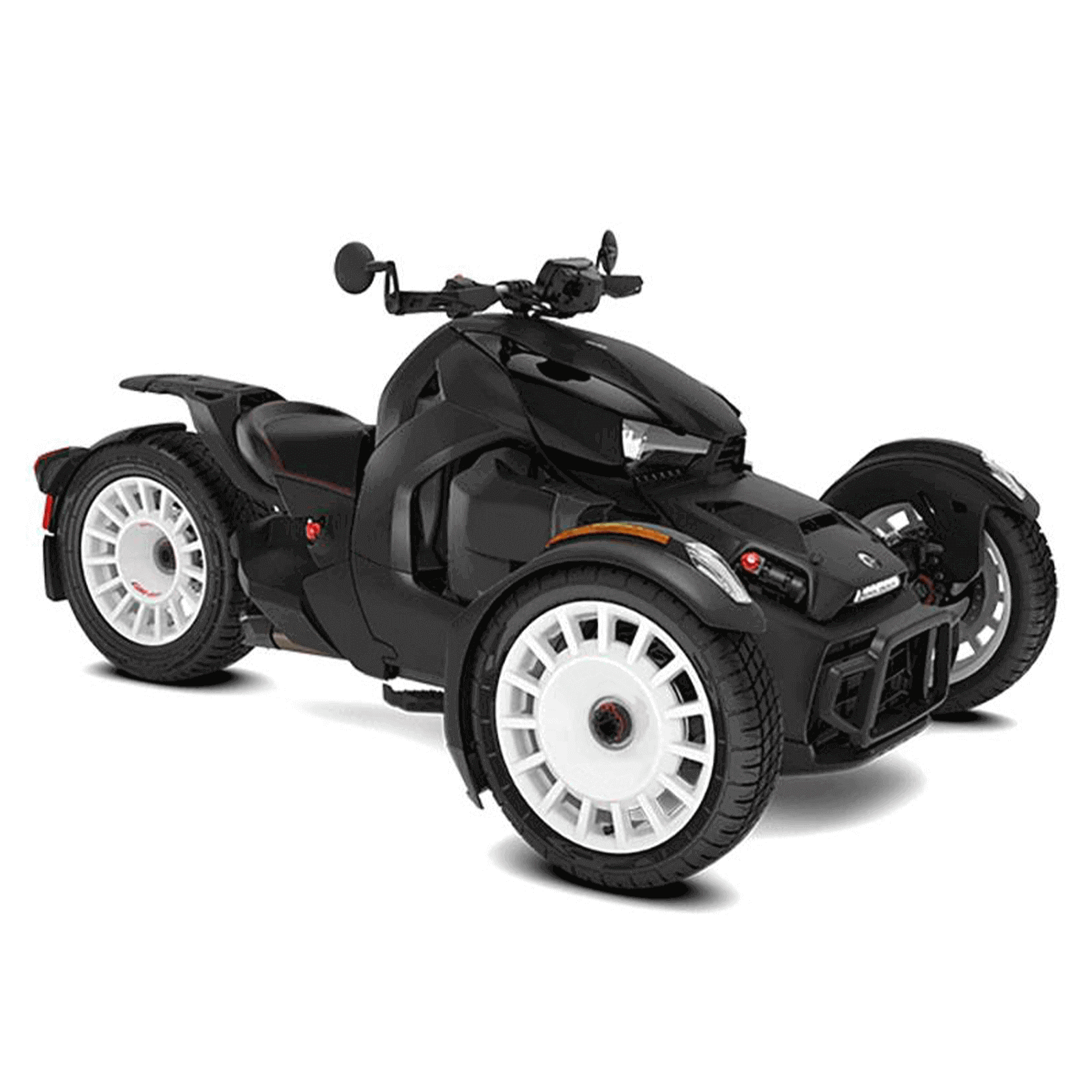 Can-Am Ryker Sporty On-Road Vehicle A studio shot of a black Can-Am Ryker Rally, a sporty three-wheel on-road vehicle.