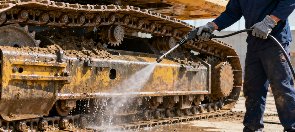 A man is cleaning the undercarriage of an excavator
