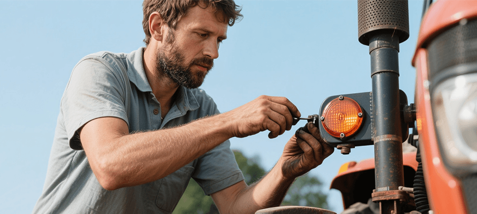A man is repairing the turn signal light of the tractor