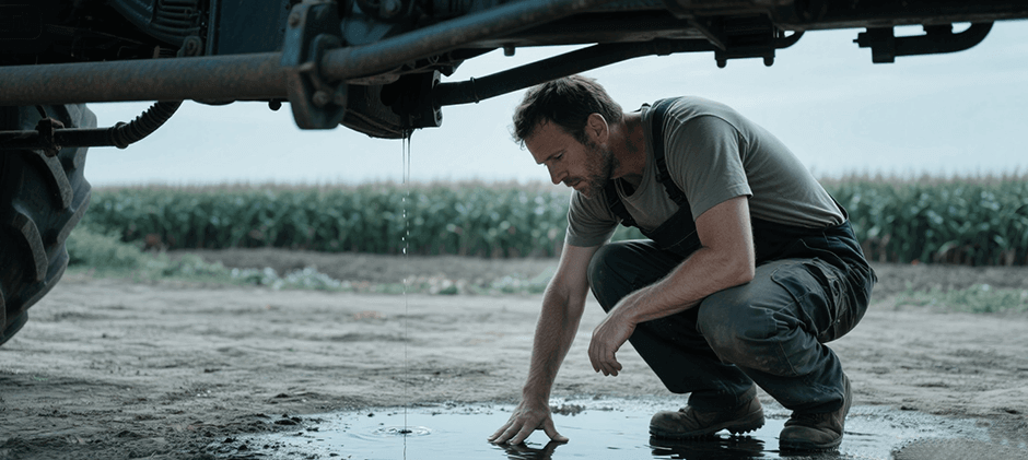 A-person-is-squatting-down-to-observe-the-leakage-at-the-bottom-of-the-tractor-about-air-conditioning..