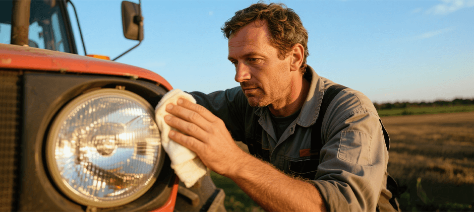 A person is taking a close-up of cleaning the headlights of a tractor.