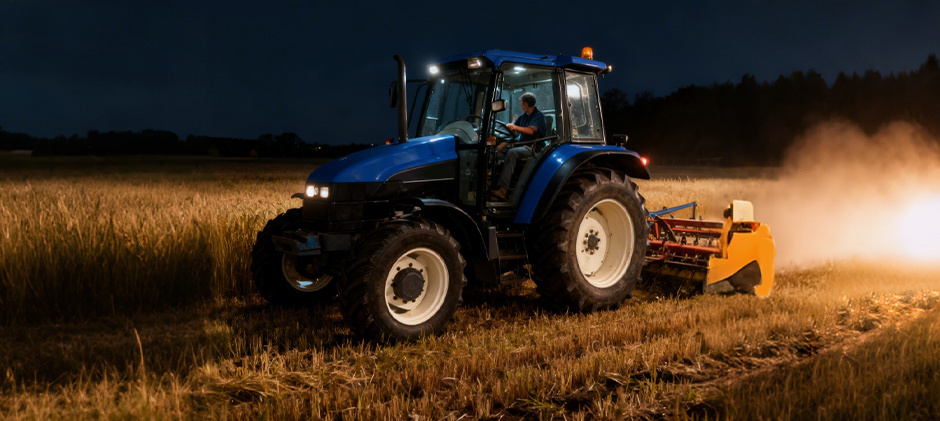 A tractor is operating at night