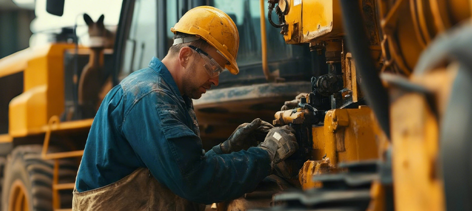 A mechanic in a hard hat performing hands-on maintenance on a backhoe loader's engine and hydraulic components.
