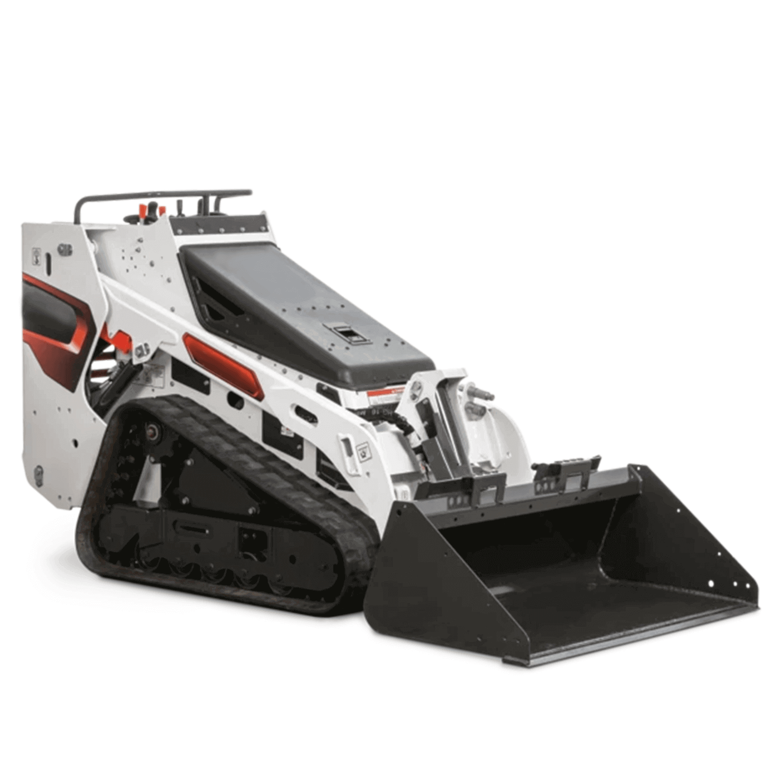 Bobcat MT100 Mini Track Loader A white Bobcat MT100 mini track loader with red and black graphics, shown with a large bucket from a three-quarter perspective.