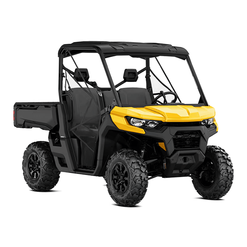 A studio shot of a yellow and black Can-Am Defender, a utility side-by-side vehicle.