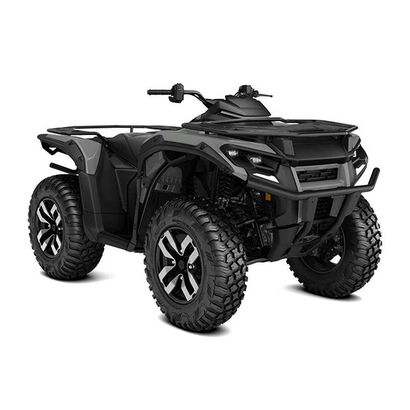 A studio shot of a gray Can-Am Outlander, a popular all-terrain vehicle (ATV).