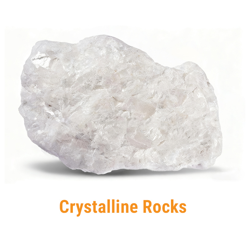 Hard Crystalline Rock A close-up of a large, white crystalline rock, showing its hard, interlocking crystal structure, representing hard stone like granite.