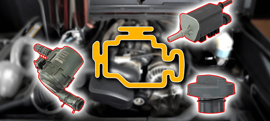 An illustration of a check engine light with common emissions system parts like a gas cap, purge valve, and water pump, indicating potential causes for the warning.