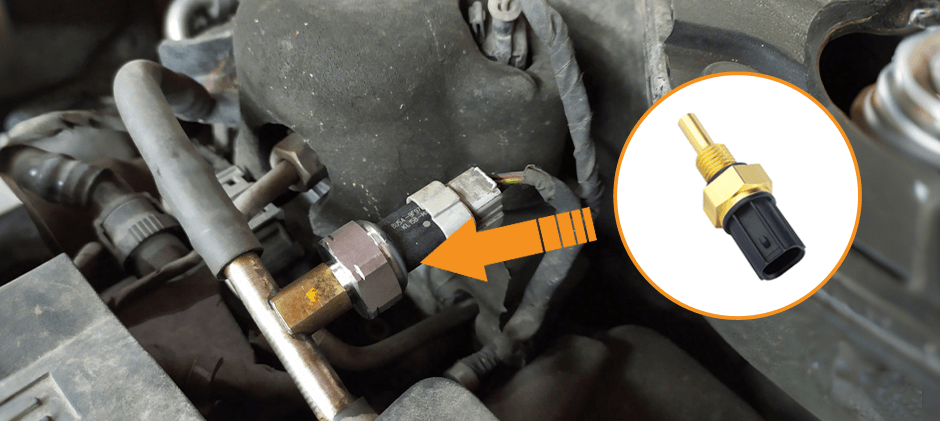 A faulty coolant temperature sensor installed in an engine block, with an inset showing a new replacement sensor.