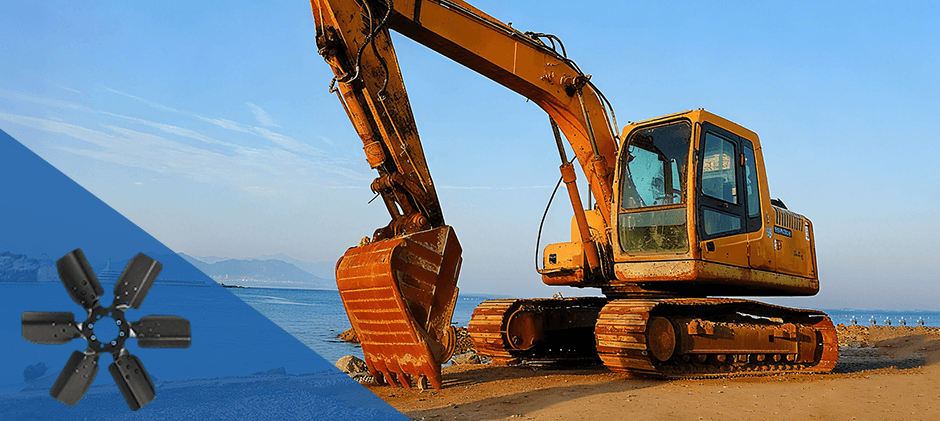 A yellow excavator at a worksite with a graphic overlay of a heavy-duty radiator fan, representing cooling system parts for construction machinery.