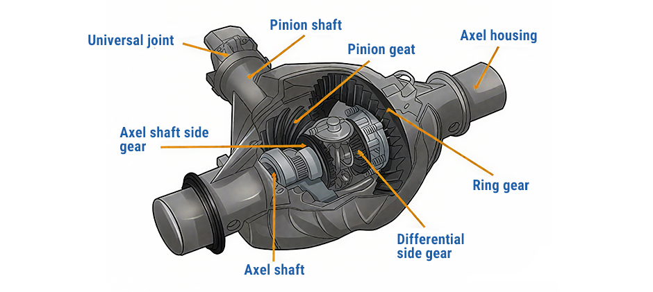 Exploded view diagram of an open differential, showing how the drive pinion, ring gear, spider gears, and axles assemble.